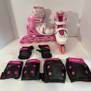 Yvolution Neon Kids Adjustable Light up Roller Blades Pink & White and Safety Pa